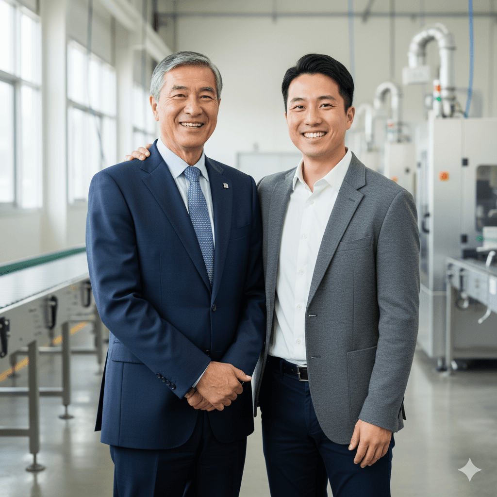 事業承継 - 工場で並ぶ経営者と後継者
